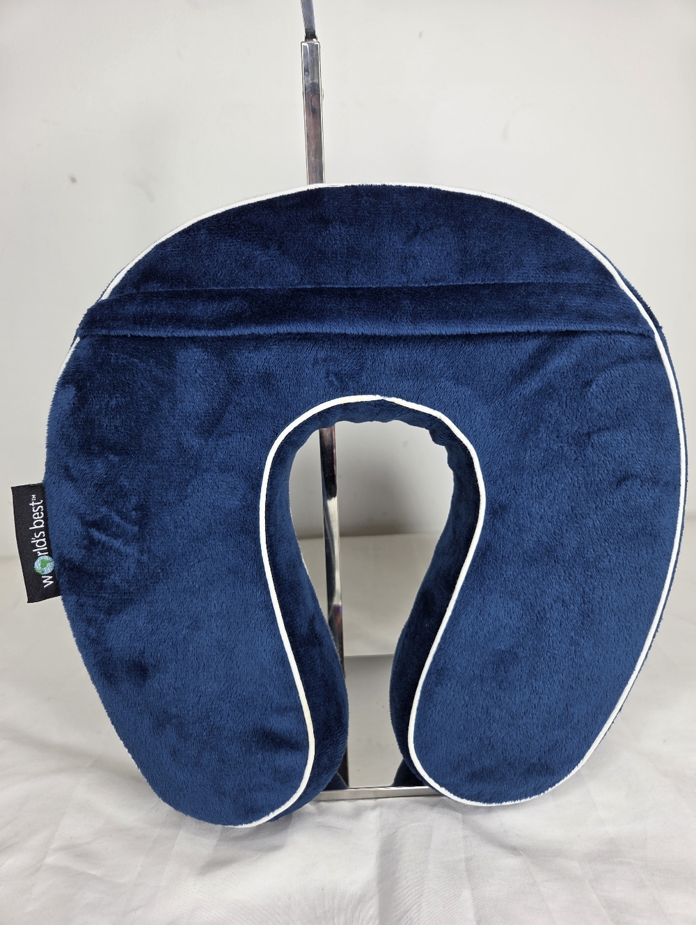 World's Best Memory Foam Navy Blue Travel Neck Pillow with Ivory Piping - Picture 2 of 10